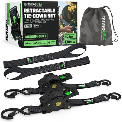 Retractable Ratchet Straps (select 2 pack or 4 pack) - Medium Duty Self Retracting Tie Down Straps for Truck, Cargo Trailer