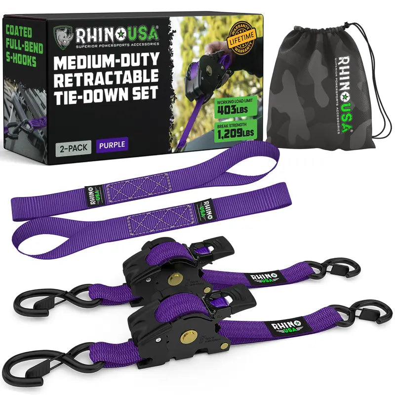 Retractable Ratchet Straps (select 2 pack or 4 pack) - Medium Duty Self Retracting Tie Down Straps for Truck, Cargo Trailer