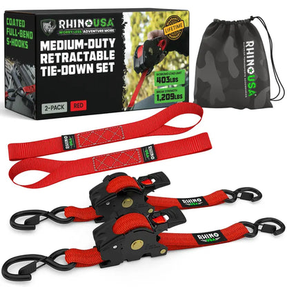 Retractable Ratchet Straps (select 2 pack or 4 pack) - Medium Duty Self Retracting Tie Down Straps for Truck, Cargo Trailer