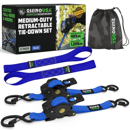 Retractable Ratchet Straps (select 2 pack or 4 pack) - Medium Duty Self Retracting Tie Down Straps for Truck, Cargo Trailer