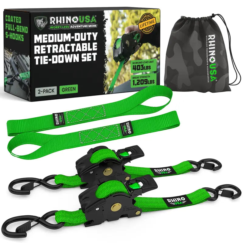 Retractable Ratchet Straps (select 2 pack or 4 pack) - Medium Duty Self Retracting Tie Down Straps for Truck, Cargo Trailer