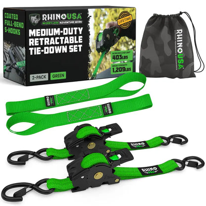 Retractable Ratchet Straps (select 2 pack or 4 pack) - Medium Duty Self Retracting Tie Down Straps for Truck, Cargo Trailer