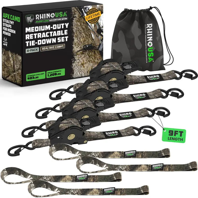 Retractable Ratchet Straps (select 2 pack or 4 pack) - Medium Duty Self Retracting Tie Down Straps for Truck, Cargo Trailer
