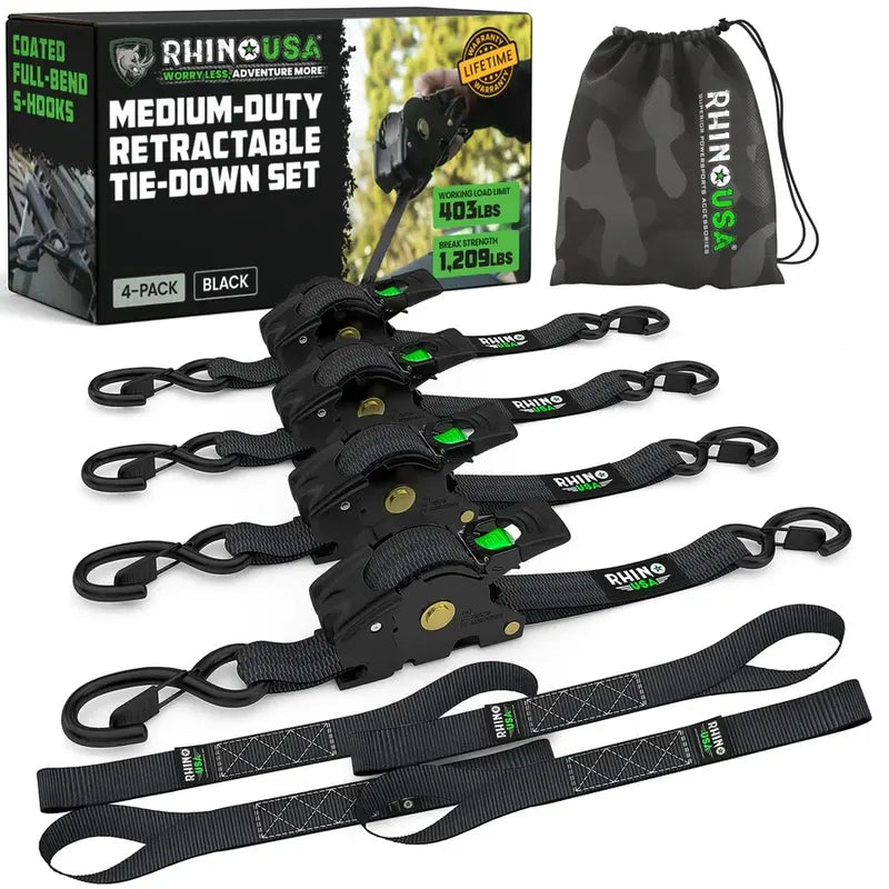 Retractable Ratchet Straps (select 2 pack or 4 pack) - Medium Duty Self Retracting Tie Down Straps for Truck, Cargo Trailer