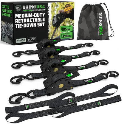 Retractable Ratchet Straps (select 2 pack or 4 pack) - Medium Duty Self Retracting Tie Down Straps for Truck, Cargo Trailer