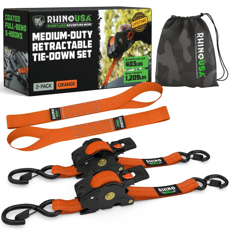 Retractable Ratchet Straps (select 2 pack or 4 pack) - Medium Duty Self Retracting Tie Down Straps for Truck, Cargo Trailer