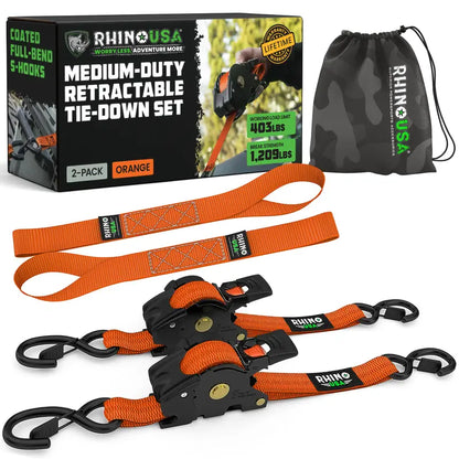 Retractable Ratchet Straps (select 2 pack or 4 pack) - Medium Duty Self Retracting Tie Down Straps for Truck, Cargo Trailer
