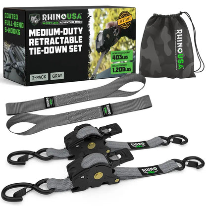 Retractable Ratchet Straps (select 2 pack or 4 pack) - Medium Duty Self Retracting Tie Down Straps for Truck, Cargo Trailer